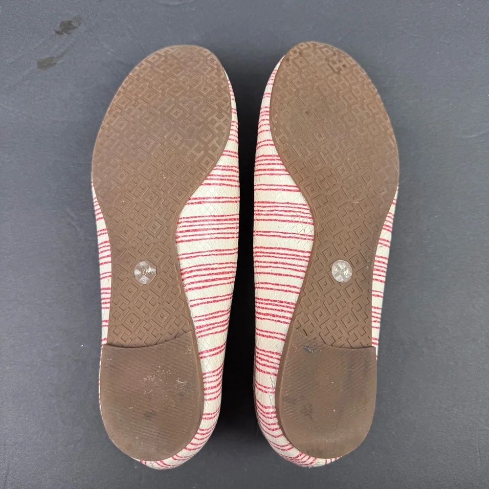 Tory Burch Reva Flats 7.5 Piano Stripe White Red Leather‎ Shoes Gold Logo Womens